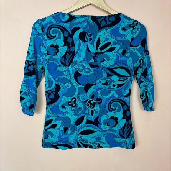 Vintage A. Byer Y2K Blue Abstract Print Top M Artsy Retro Stretch 3/4 Sleeve - Picture 6 of 9